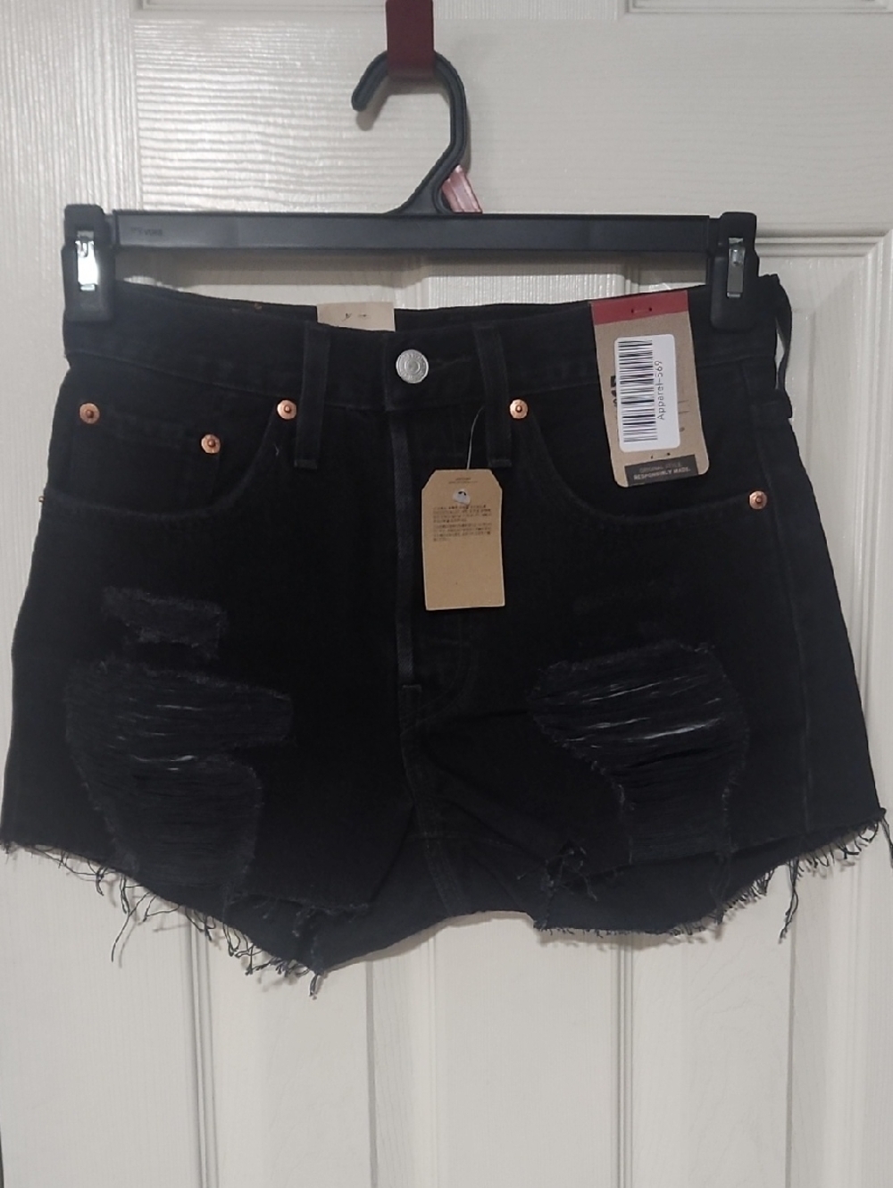 High-Rise Black Distressed Denim Shorts with Frayed Hem